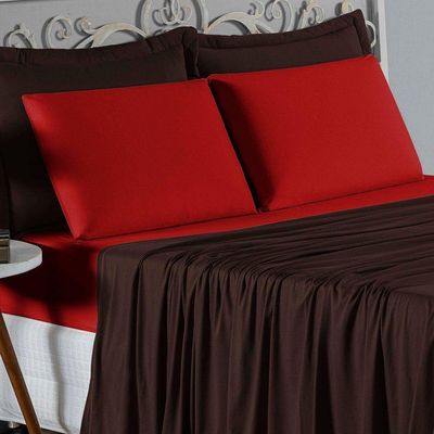 Jogo De Cama King Nobre 4 Peças Lençol Com Elástico De 30cm De Altura Malha 100% Algodão - Marrom / Vermelho
