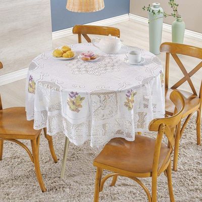 Toalha De Mesa Redonda Em Renda Com Transfer Flores 1,60m 100% Poliéster - Flores