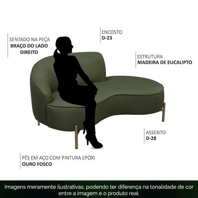 Sofá Curvo 3 Lugares 180cm Braço Dir. Thommy Pés Ouro Linho Verde - Nexta Casa
