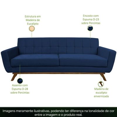 Sofá 03 Lugares 180cm Sala De Estar Miami Veludo Azul Marinho - Nexta Casa