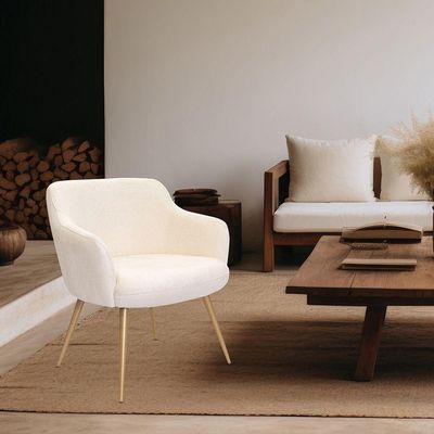 Poltrona Decorativa Jade Pés Palito Ouro Fosco Bouclé Off White - Nexta Casa