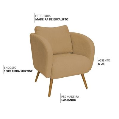 Poltrona Decorativa Dana Pés Palito Madeira Castanho Bouclé Camel - Nexta Casa