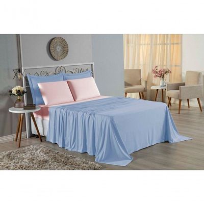 Jogo De Cama Solteiro Nobre 3 Peças Lençol Com Elástico De 30cm De Altura Malha 100% Algodão - Azul-bebê / Rosa