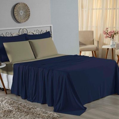 Jogo De Cama Solteiro Nobre 3 Peças Lençol Com Elástico De 30cm De Altura Malha 100% Algodão - Azul-marinho / Avelã