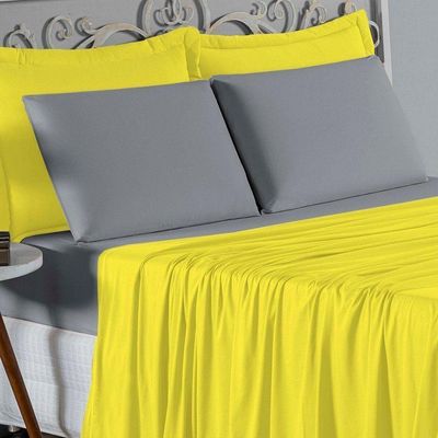 Jogo De Cama King Nobre 4 Peças Lençol Com Elástico De 30cm De Altura Malha 100% Algodão - Amarelo / Cinza