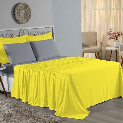 Jogo De Cama King Nobre 4 Peças Lençol Com Elástico De 30cm De Altura Malha 100% Algodão - Amarelo / Cinza