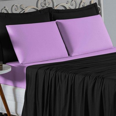 Jogo De Cama Casal Viúva Nobre 4 Peças Malha 100% Algodão - Preto / Lilás