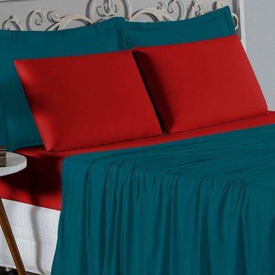 Jogo De Cama Queen Nobre 4 Peças Lençol Com Elástico De 30cm De Altura Malha 100% Algodão - Petróleo / Vermelho