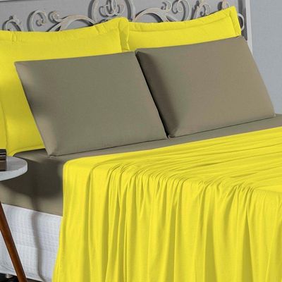 Jogo De Cama Casal Nobre 4 Peças Lençol Com Elástico De 30cm De Altura Malha 100% Algodão - Amarelo / Avelã