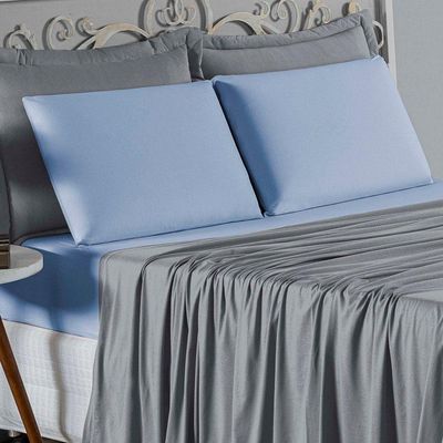 Jogo De Cama Casal Viúva Nobre 4 Peças Malha 100% Algodão - Cinza / Azul-bebê