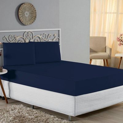 Jogo De Cama Casal Viúva Nobre 3 Peças Malha 100% Algodão - Azul-marinho
