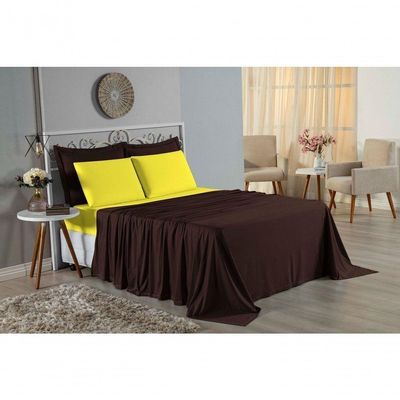 Jogo De Cama Casal Nobre 4 Peças Lençol Com Elástico De 30cm De Altura Malha 100% Algodão - Marrom / Amarelo