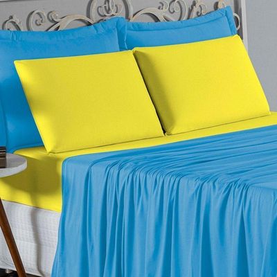 Jogo De Cama King Nobre 4 Peças Lençol Com Elástico De 30cm De Altura Malha 100% Algodão - Turquesa / Amarelo
