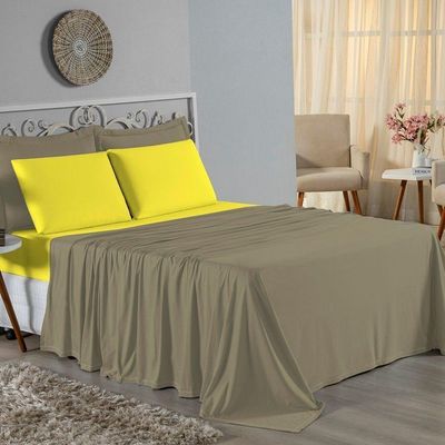 Jogo De Cama King Nobre 4 Peças Lençol Com Elástico De 30cm De Altura Malha 100% Algodão - Avelã / Amarelo
