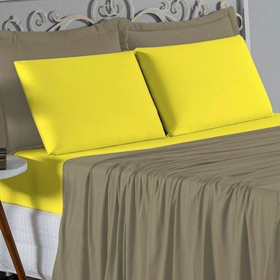 Jogo De Cama King Nobre 4 Peças Lençol Com Elástico De 30cm De Altura Malha 100% Algodão - Avelã / Amarelo