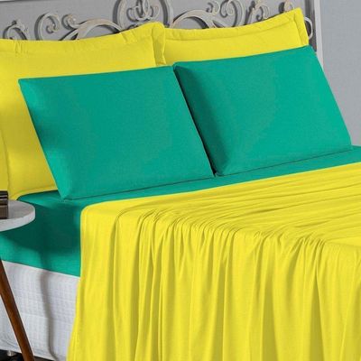 Jogo De Cama Casal Viúva Nobre 4 Peças Malha 100% Algodão - Amarelo / Jade