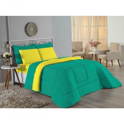 Kit Edredom Dupla Face + Jogo De Lençol Queen Nobre 7 Peças Malha 100% Algodão - Jade / Amarelo