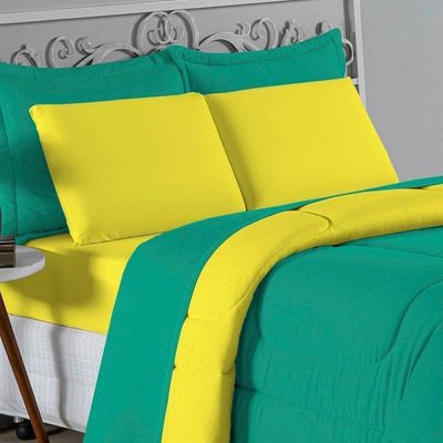 Kit Edredom Dupla Face + Jogo De Lençol Queen Nobre 7 Peças Malha 100% Algodão - Jade / Amarelo