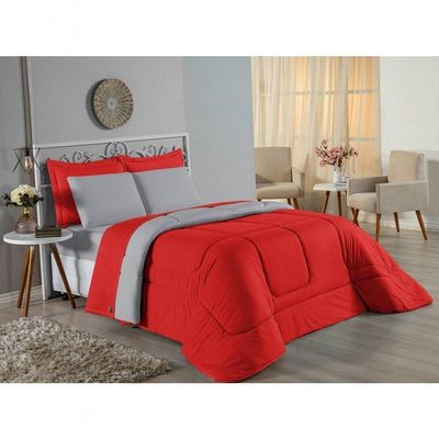 Kit Edredom Dupla Face + Jogo De Lençol King Nobre 7 Peças Malha 100% Algodão - Vermelho / Cinza