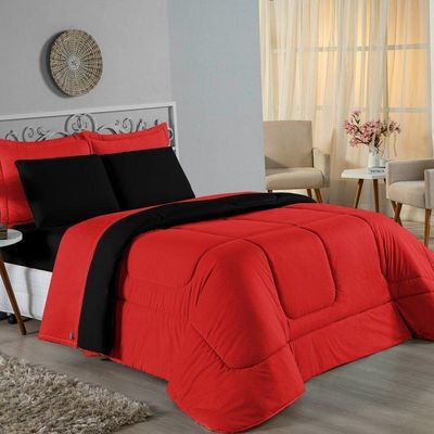 Kit Edredom Dupla Face + Jogo De Lençol Casal Viúva Nobre 6 Peças Malha 100% Algodão - Vermelho / Preto