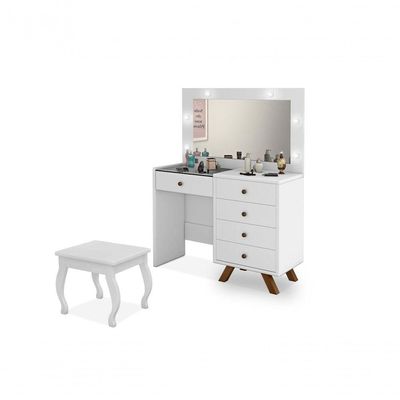 Penteadeira Camarim Luna 9 Gavetas com Espelho LED Retrô MDF Branco Brilhante