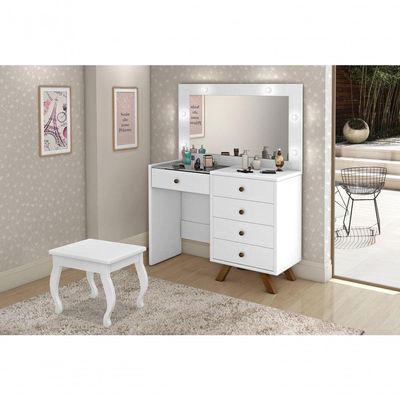 Penteadeira Camarim Luna 9 Gavetas com Espelho LED Retrô MDF Branco Brilhante