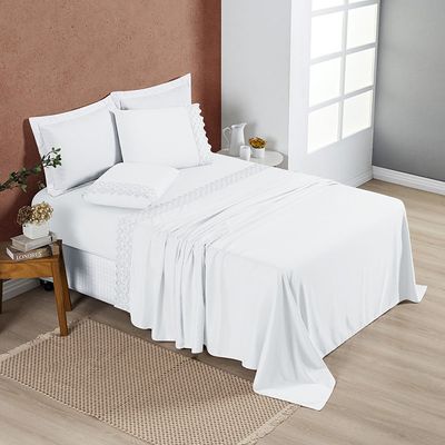 Jogo Cama Lençol Bouclê Queen Micro Percal 200 Fios c/ Laise Bordada 4 Peças - Branco Neve