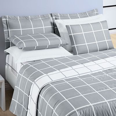 Kit Cobre Leito Brooklyn Casal Quadriculado Micropercal 200 Fios 3 Peças - Cinza