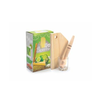 Kit Caipirinha Bar Drinks 3 peças Copo vidro, Tábua, Socador
