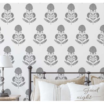 Papel de Parede Autoadesivo, Estampa de Botões Florais, Mural Estilo Asiático, para Banheiro, Lavanderia e Armário, Cinza - S4Sassy 63,5 cm (L) × 304,8 cm (C) / Cinza - Vinil Liso