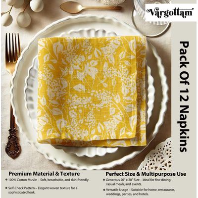 Guardanapos Musselina Floral Amarelo Vibrante, 51cm, 12un, Luxuosos/Absorventes, Festas, Ar Livre, Decoração, Lavável à Máquina - Vargottam 50,8 Cm × 50,8 Cm – Pacote Com 12 Peças / Amarelo