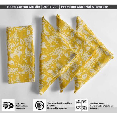Guardanapos Musselina Floral Amarelo Vibrante, 51cm, 12un, Luxuosos/Absorventes, Festas, Ar Livre, Decoração, Lavável à Máquina - Vargottam 50,8 Cm × 50,8 Cm – Pacote Com 12 Peças / Amarelo