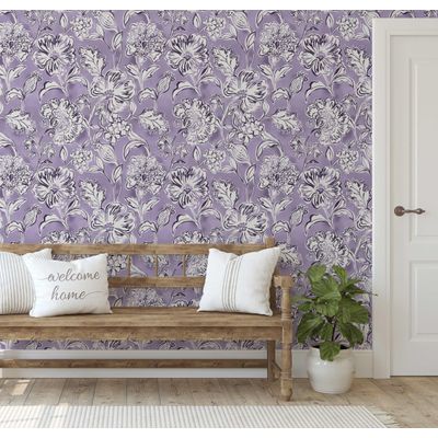 Papel de Parede Autoadesivo Jardim Floral, Mural Estilo Asiático Instantâneo para Banheiro, Lavanderia e Closet, Vinil Roxo - S4Sassy 63,5 cm (L) × 609,6 cm (C) / Roxo - Vinil Liso