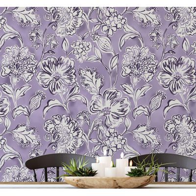 Papel de Parede Autoadesivo Jardim Floral, Mural Estilo Asiático Instantâneo para Banheiro, Lavanderia e Closet, Vinil Roxo - S4Sassy 63,5 cm (L) × 609,6 cm (C) / Roxo - Vinil Liso