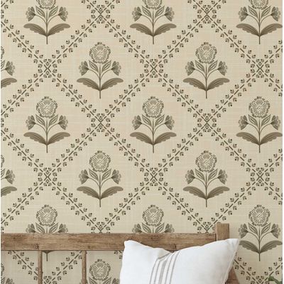 Vinil Autoadesivo Removível Floral Diagonal Buti, Mural Asiático para Banheiro, Lavanderia e Interior de Closet, Bege - S4Sassy 63,5 cm (L) × 152,4 cm (C) / Bege - Vinil Liso