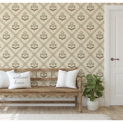 Vinil Autoadesivo Removível Floral Diagonal Buti, Mural Asiático para Banheiro, Lavanderia e Interior de Closet, Bege - S4Sassy 63,5 cm (L) × 152,4 cm (C) / Bege - Vinil Liso