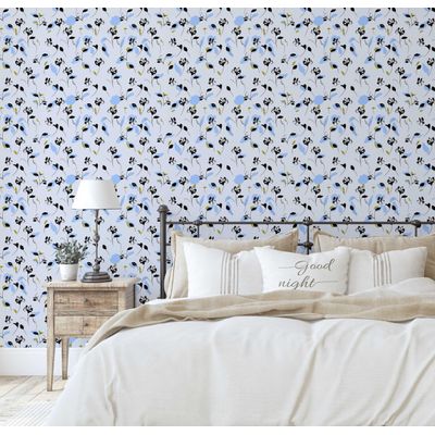 Papel de Parede Autoadesivo com Estampa Floral Artística, Vinil Impermeável Removível, Azul, Ideal para Quarto, Sala e Jantar - S4sassy 63,5 cm (L) × 304,8 cm (C) / Azul - Vinil Texturizado
