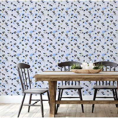 Papel de Parede Autoadesivo com Estampa Floral Artística, Vinil Impermeável Removível, Azul, Ideal para Quarto, Sala e Jantar - S4sassy 63,5 cm (L) × 304,8 cm (C) / Azul - Vinil Texturizado