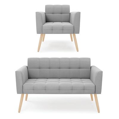 Kit 1 Sofá Namoradeira E 1 Poltrona Elisa Suede Cinza Pés Palito Natural - D'rossi