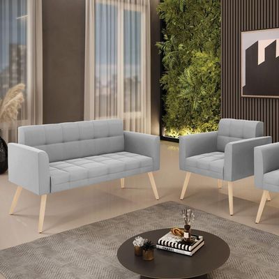 Kit 1 Sofá Namoradeira E 1 Poltrona Elisa Suede Cinza Pés Palito Natural - D'rossi