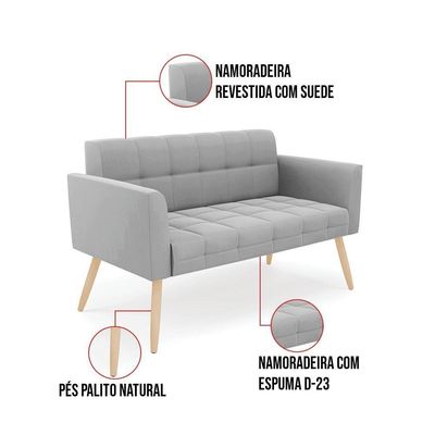 Kit 1 Sofá Namoradeira E 1 Poltrona Elisa Suede Cinza Pés Palito Natural - D'rossi