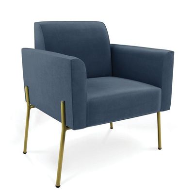 Sofá Namoradeira E 2 Poltronas Pé De Ferro Dourado Marisa Suede D03 Azul Marinho