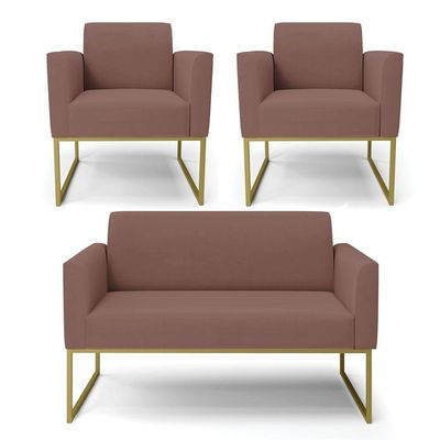 Sofá Namoradeira Com 2 Poltronas Base Industrial Dourado Marisa Veludo Rosê D03 - D'rossi