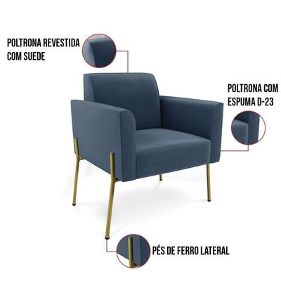 Sofá Namoradeira E 2 Poltronas Pé De Ferro Dourado Marisa Suede D03 Azul Marinho