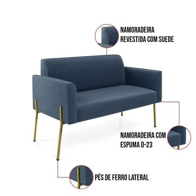 Sofá Namoradeira E 2 Poltronas Pé De Ferro Dourado Marisa Suede D03 Azul Marinho