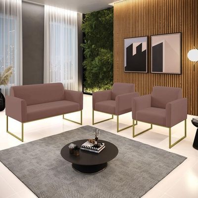 Sofá Namoradeira Com 2 Poltronas Base Industrial Dourado Marisa Veludo Rosê D03 - D'rossi