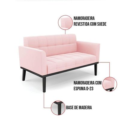 Sofá Namoradeira E 2 Poltronas Base De Madeira Preto Elisa Suede D03 - D'rossi Cor Rosa Bebê