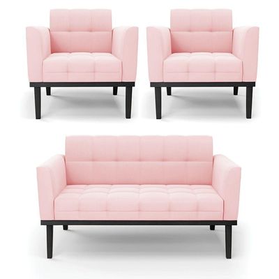 Sofá Namoradeira E 2 Poltronas Base De Madeira Preto Elisa Suede D03 - D'rossi Cor Rosa Bebê