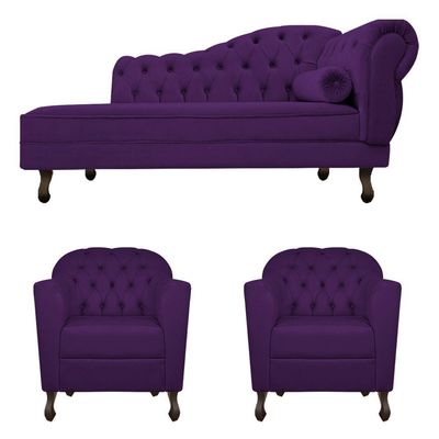 Kit Diva Recamier Diana 160Cm Lado Esquerdo E 02 Poltronas Julia Suede - Doce Sonho Móveis Roxo