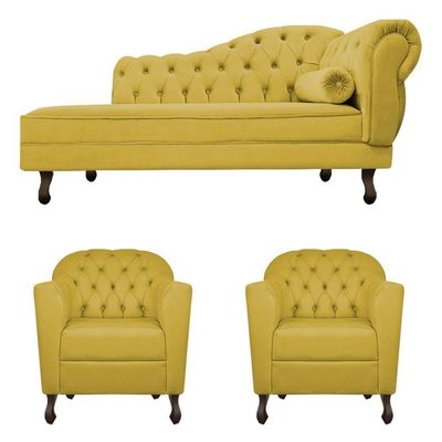 Kit Diva Recamier Diana 160Cm Lado Esquerdo E 02 Poltronas Julia Suede - Doce Sonho Móveis Amarelo